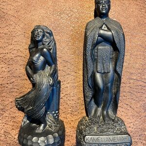 2 Vintage Hawaiian Coco Joe’s Lava Figurines - King Kamehameha & Hula Girl